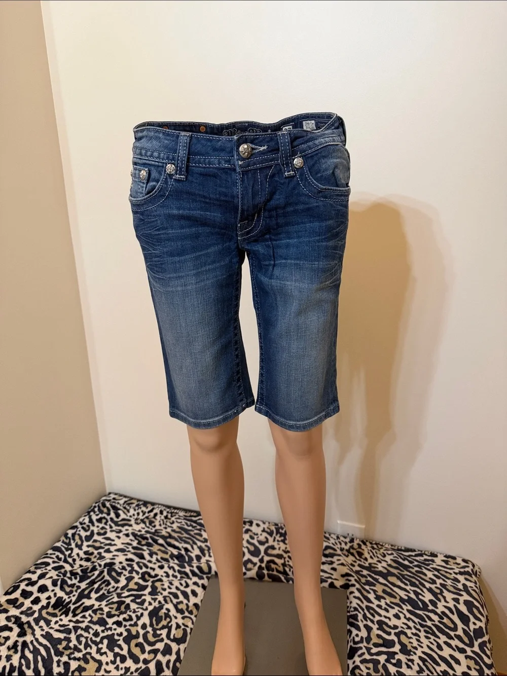 Miss Me Medium Long Denim Shorts with Canvas and Rhinestones Size 27 NWOT